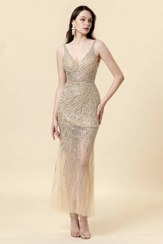 Sheath V Neck Golden Beaded Formal Dress with Backless sold by Zapaka