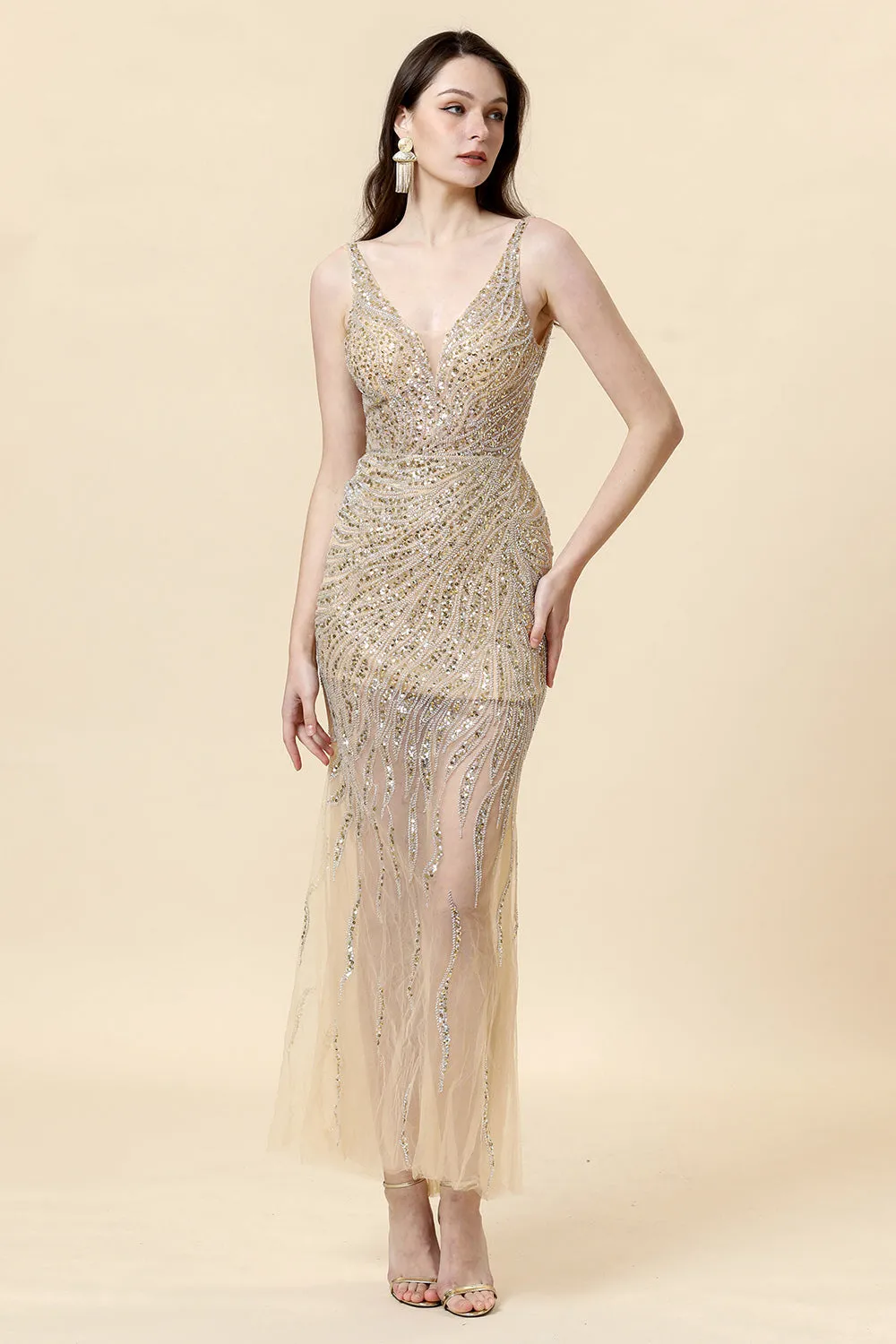 Sheath V Neck Golden Beaded Formal Dress with Backless sold by Zapaka