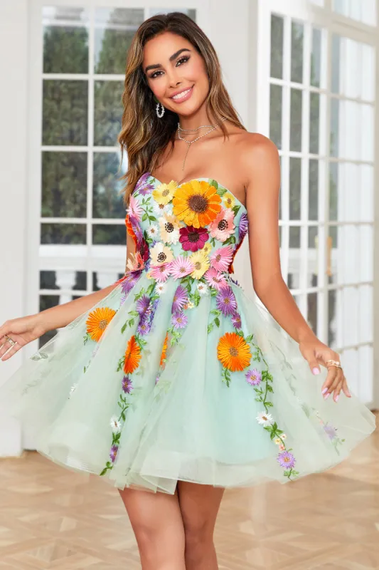 Gorgeous A Line Light Green Strapless Homecoming Dress with 3D Flowers made by Zapaka