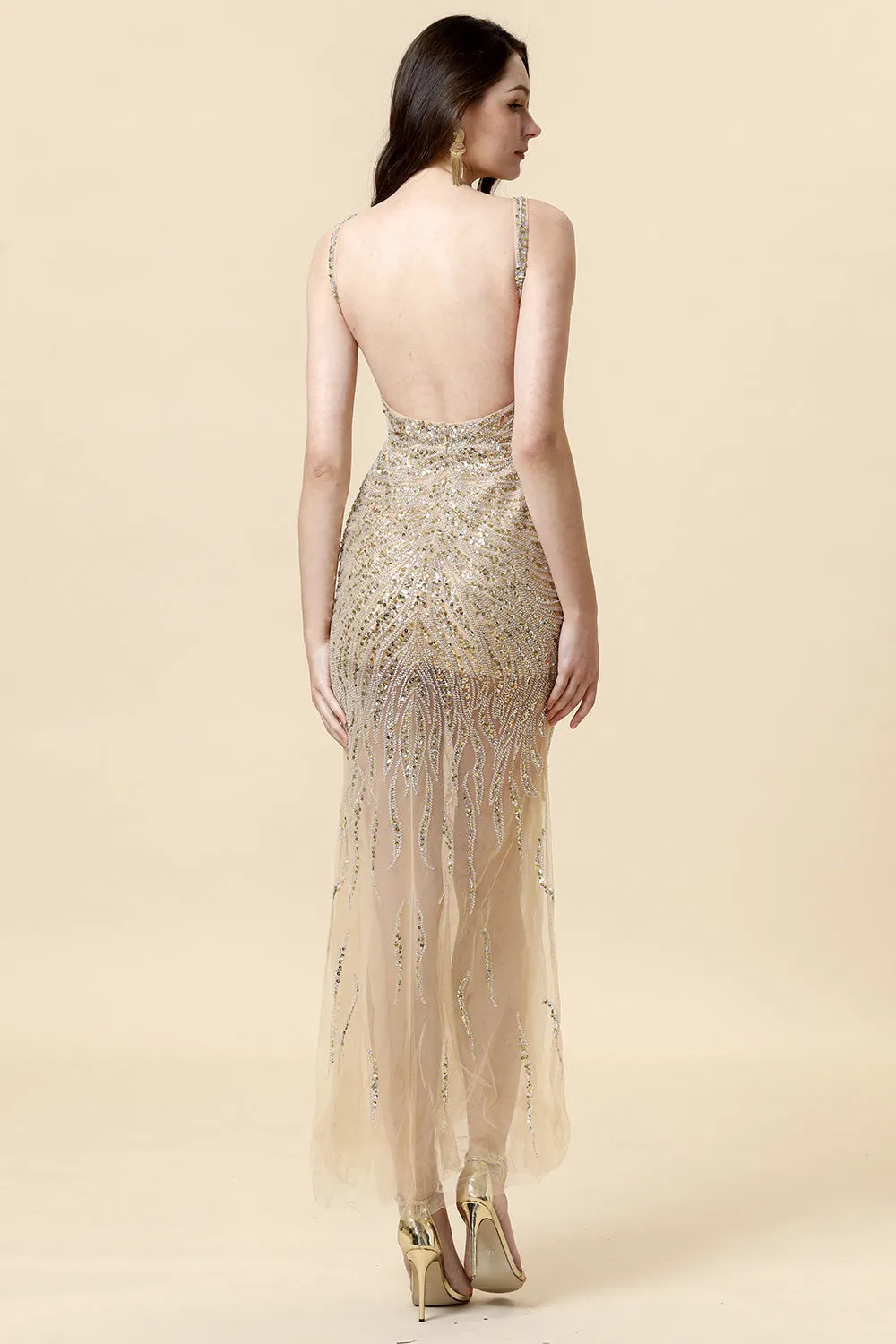Sheath V Neck Golden Beaded Formal Dress with Backless sold by Zapaka product image thumbnail 2