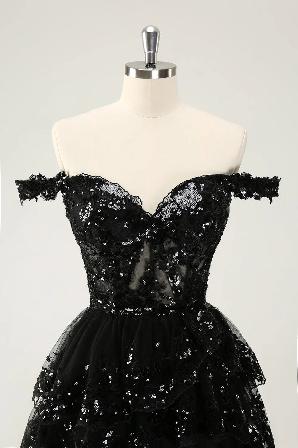 Sparkly Black A Line Off The Shoulder Corset Tiered Lace Short Homecoming Dress sold by Zapaka product image thumbnail 4