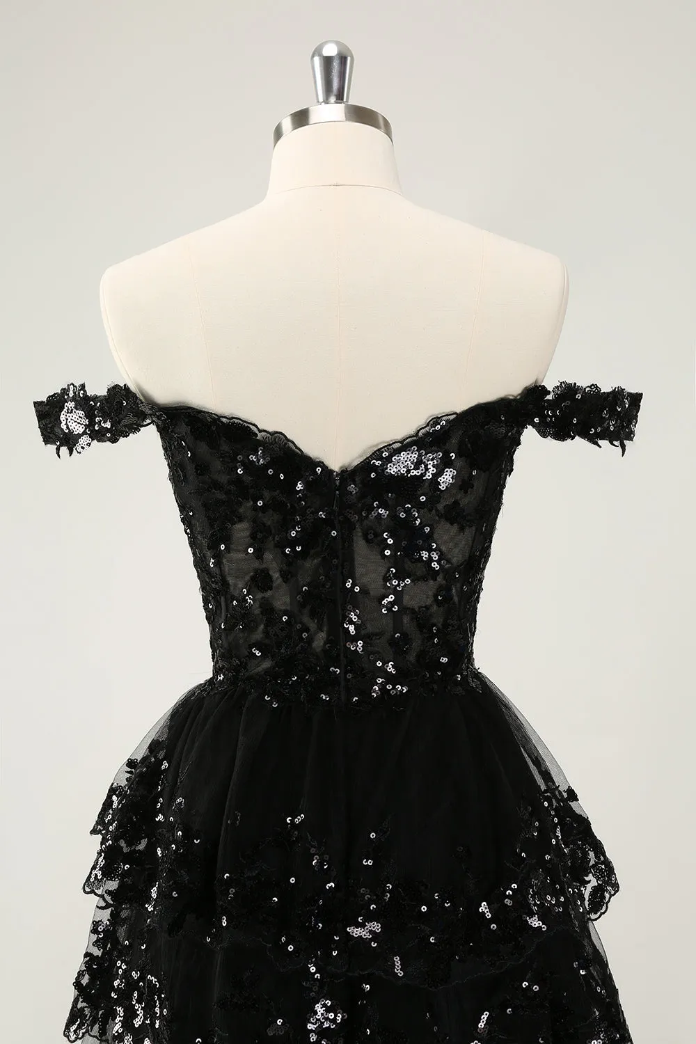 Sparkly Black A Line Off The Shoulder Corset Tiered Lace Short Homecoming Dress sold by Zapaka product image thumbnail 5