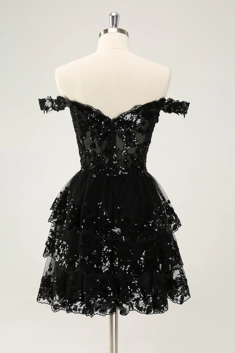 Sparkly Black A Line Off The Shoulder Corset Tiered Lace Short Homecoming Dress sold by Zapaka product image thumbnail 2