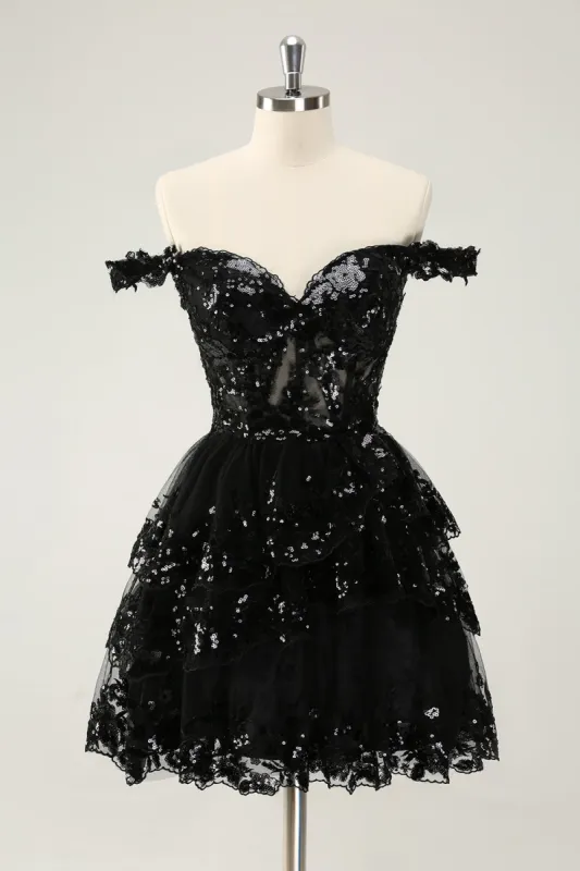 Sparkly Black A Line Off The Shoulder Corset Tiered Lace Short Homecoming Dress sold by Zapaka
