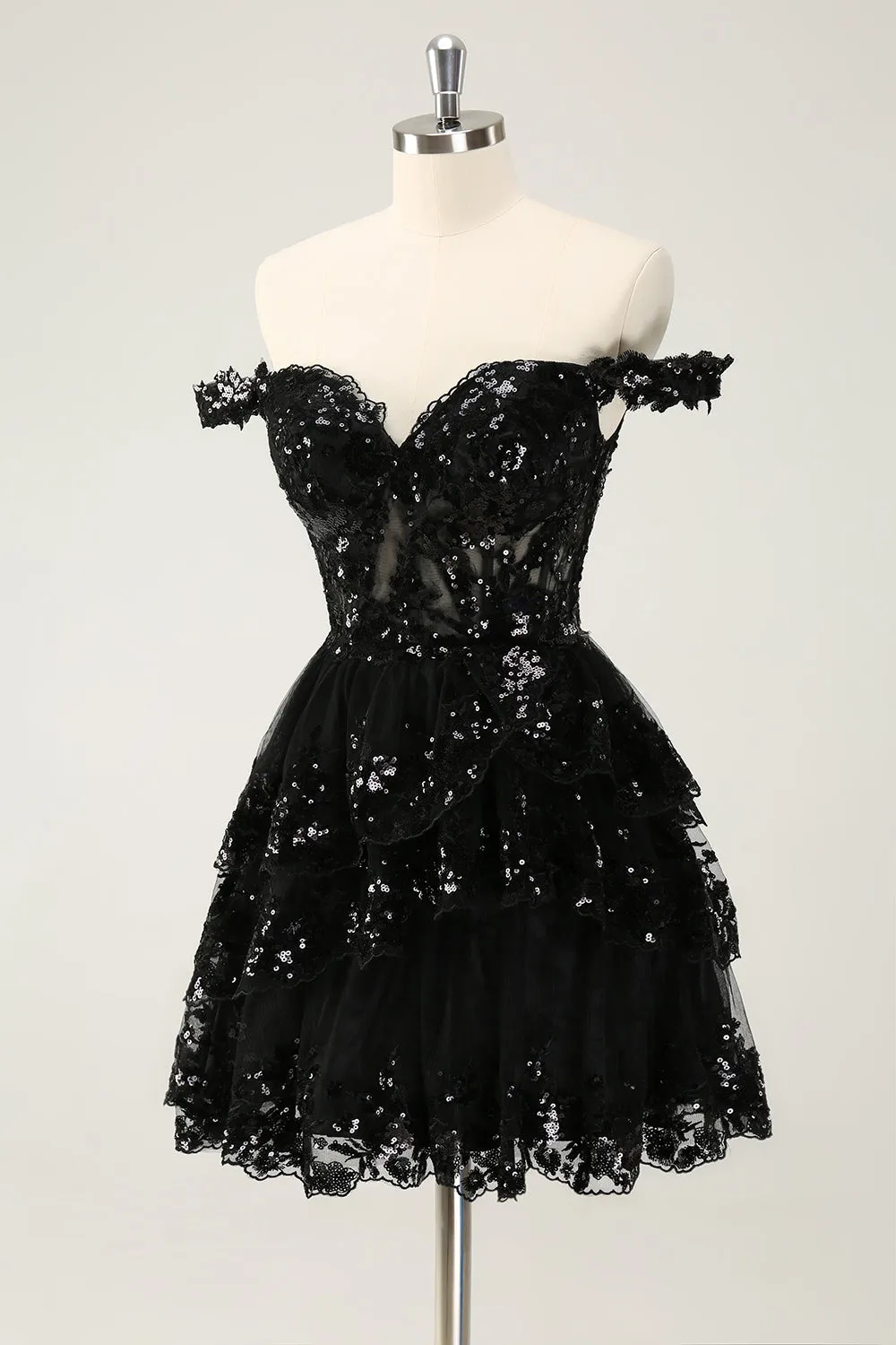 Sparkly Black A Line Off The Shoulder Corset Tiered Lace Short Homecoming Dress sold by Zapaka product image thumbnail 3