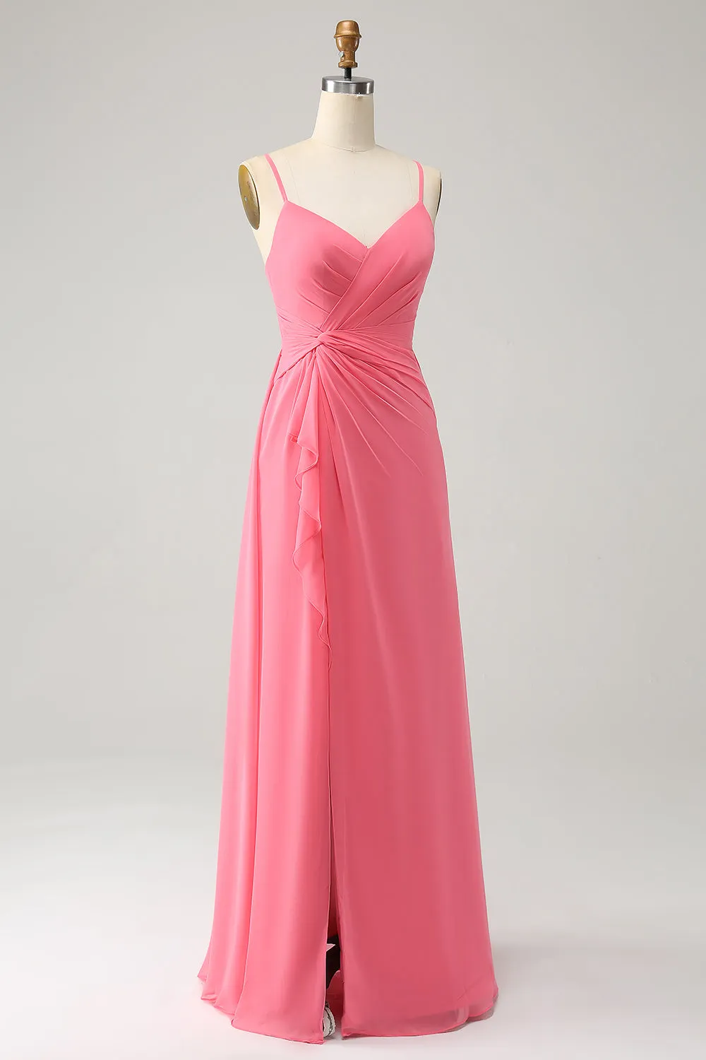 Coral A Line V Neck Spaghetti Straps Chiffon Long Bridesmaid Dress With Slit sold by Zapaka product image thumbnail 3