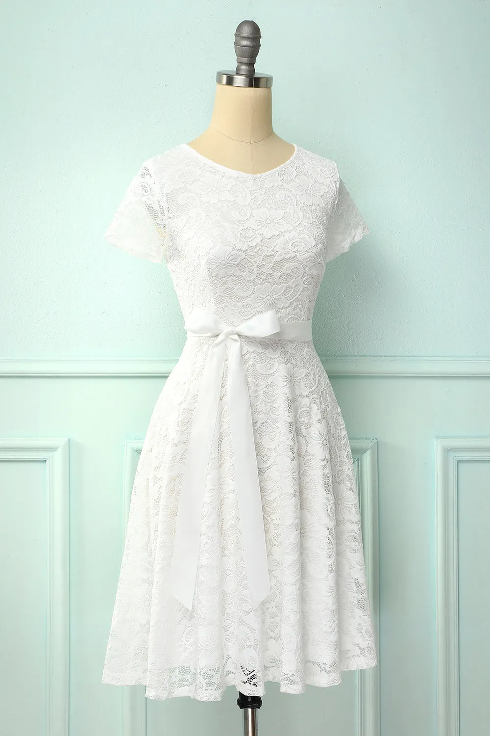 White Short Sleeves Lace Dress sold by Zapaka product image thumbnail 3