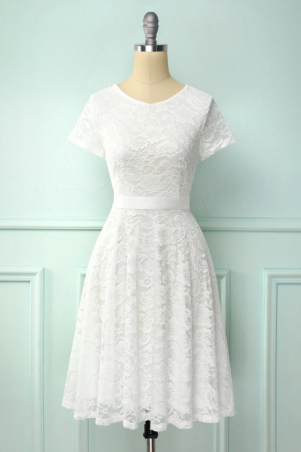 White Short Sleeves Lace Dress sold by Zapaka