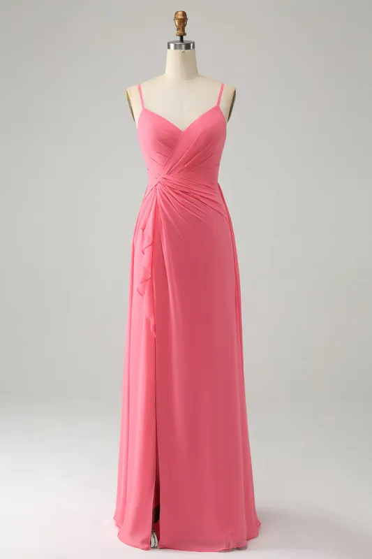 Coral A Line V Neck Spaghetti Straps Chiffon Long Bridesmaid Dress With Slit sold by Zapaka