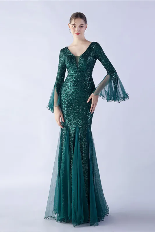 Dark Green Sequin V-neck Long Sleeves Mermaid Formal Dress sold by Zapaka