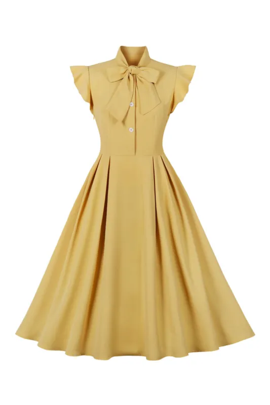 Yellow Solid Swing 1950s Dress with Bow sold by Zapaka