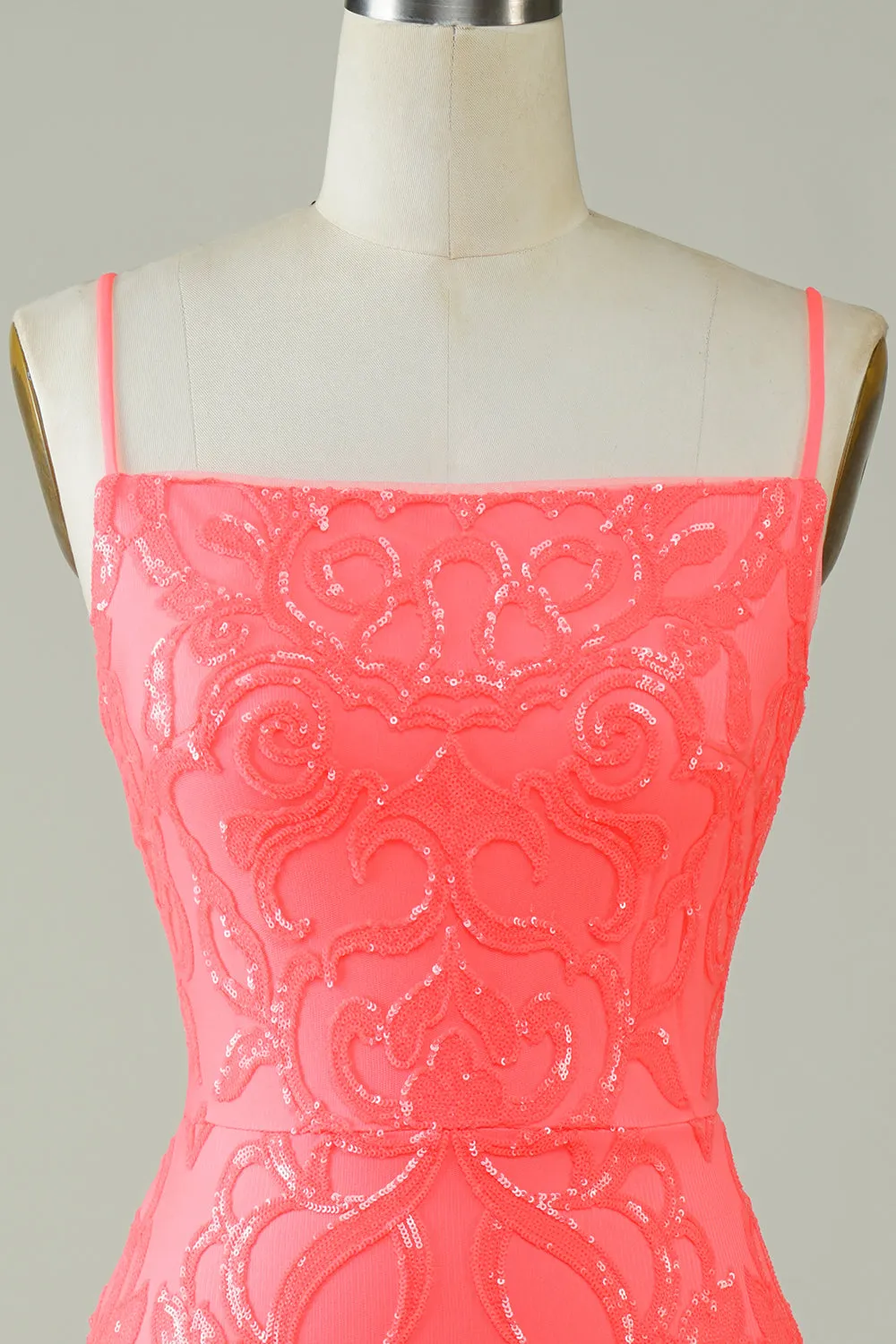 Spaghetti Straps Peach Glitter Tight Homecoming Dress sold by Zapaka product image thumbnail 4