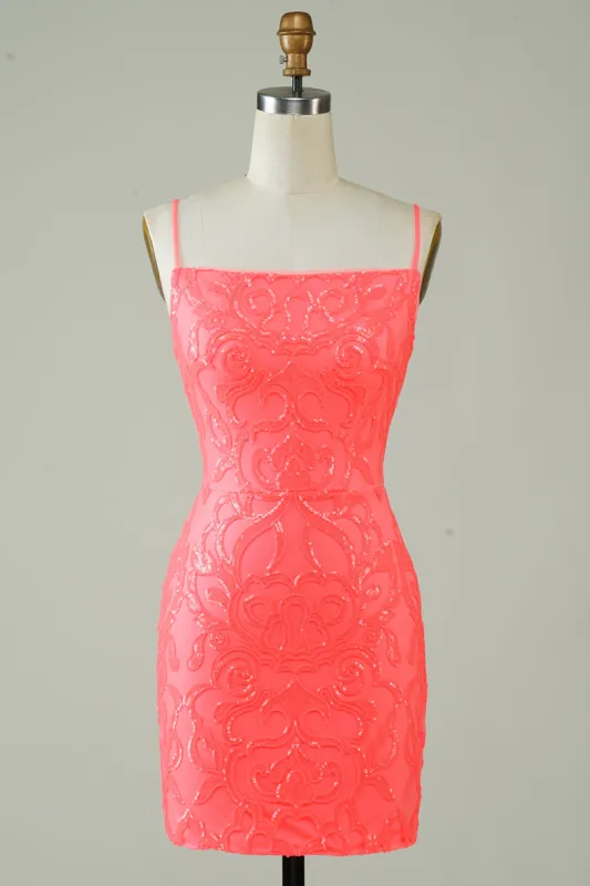 Spaghetti Straps Peach Glitter Tight Homecoming Dress sold by Zapaka