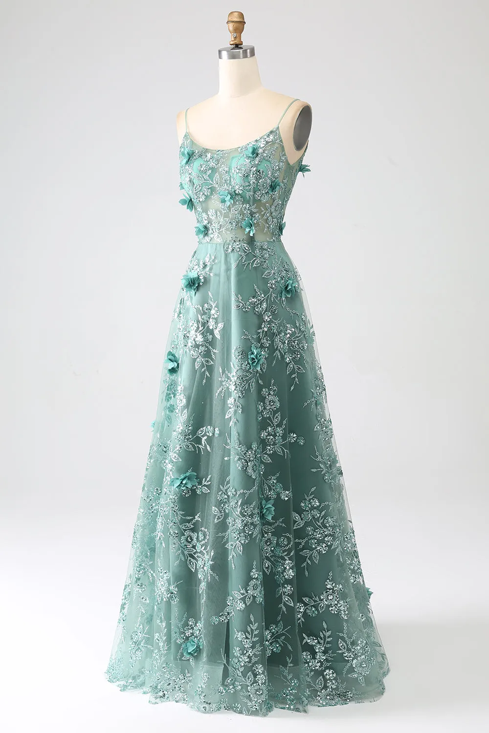 Glitter Grey Green Spaghetti Straps Lace Flower Long Corset Prom Dress sold by Zapaka product image thumbnail 3