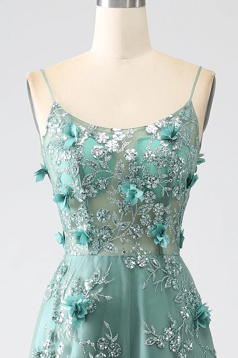 Glitter Grey Green Spaghetti Straps Lace Flower Long Corset Prom Dress sold by Zapaka product image thumbnail 4