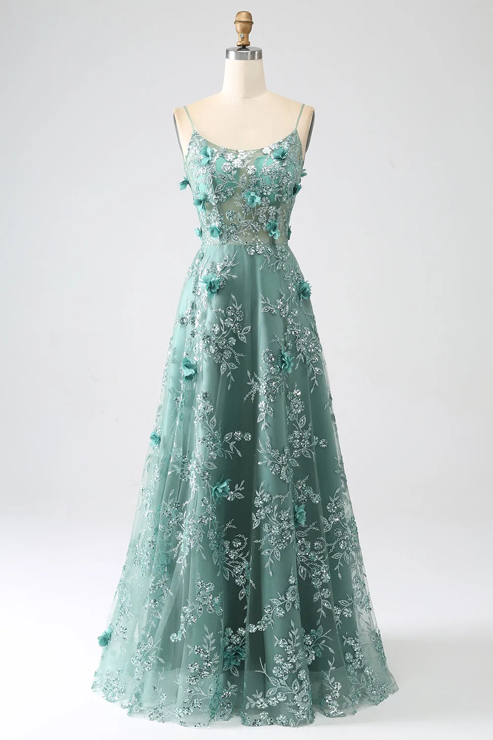 Glitter Grey Green Spaghetti Straps Lace Flower Long Corset Prom Dress sold by Zapaka