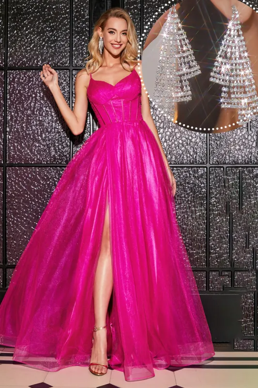 Hot Pink A-Line Long Corset Prom Dress with Accessory sold by Zapaka