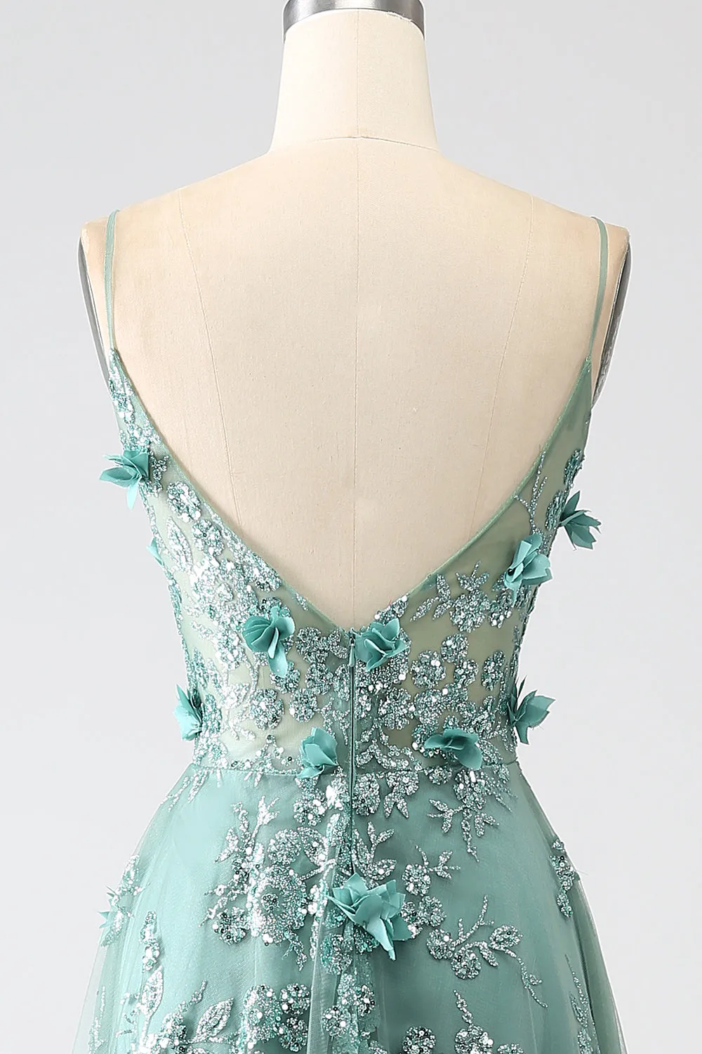 Glitter Grey Green Spaghetti Straps Lace Flower Long Corset Prom Dress sold by Zapaka product image thumbnail 5