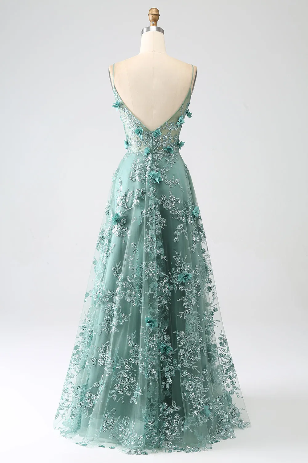Glitter Grey Green Spaghetti Straps Lace Flower Long Corset Prom Dress sold by Zapaka product image thumbnail 2