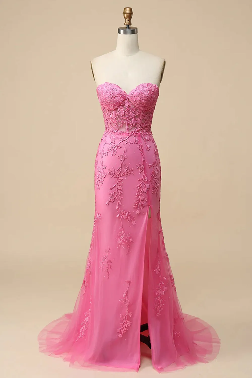 Pink Corset Sweetheart Long Lace Mermaid Prom Dress with Slit sold by Zapaka