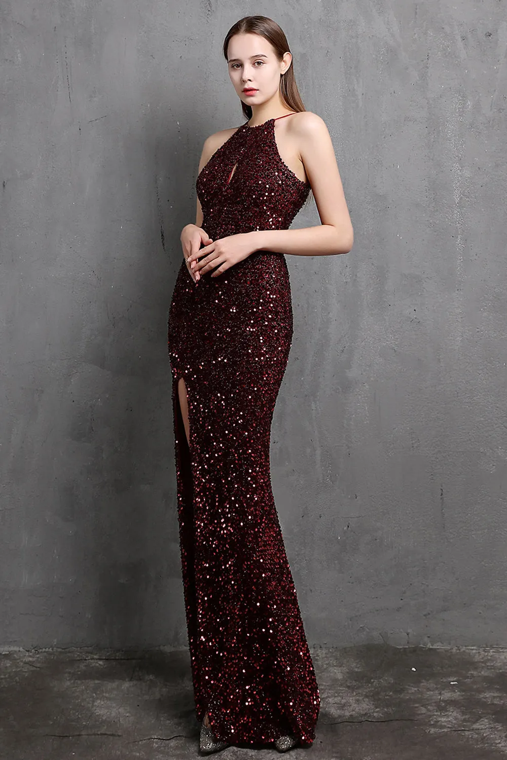 Burgundy Sequin Long Evening Dress with Slit sold by Zapaka product image thumbnail 4