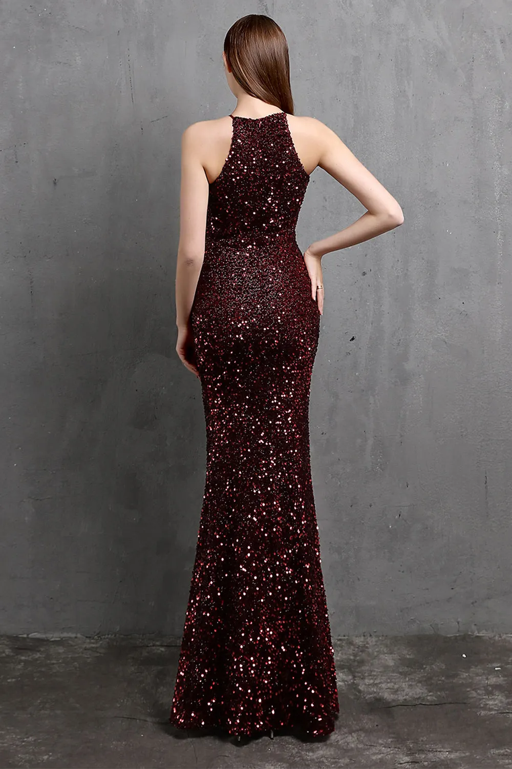 Burgundy Sequin Long Evening Dress with Slit sold by Zapaka product image thumbnail 2