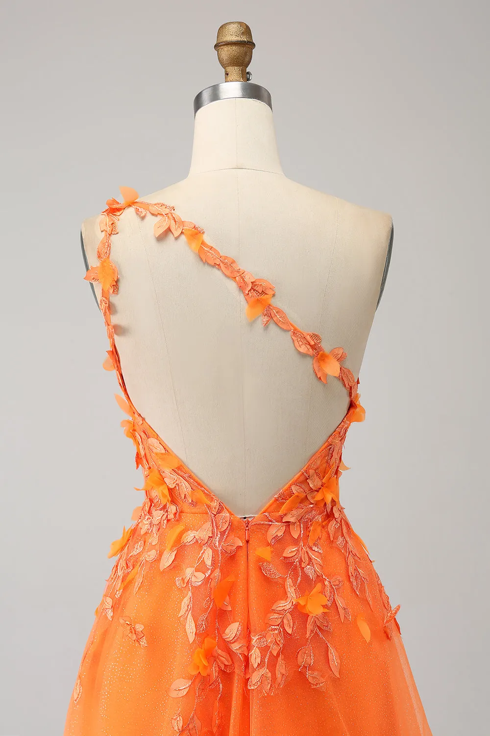 Orange One Shoulder A-Line Tulle Long Prom Dress with Appliques sold by Zapaka product image thumbnail 5
