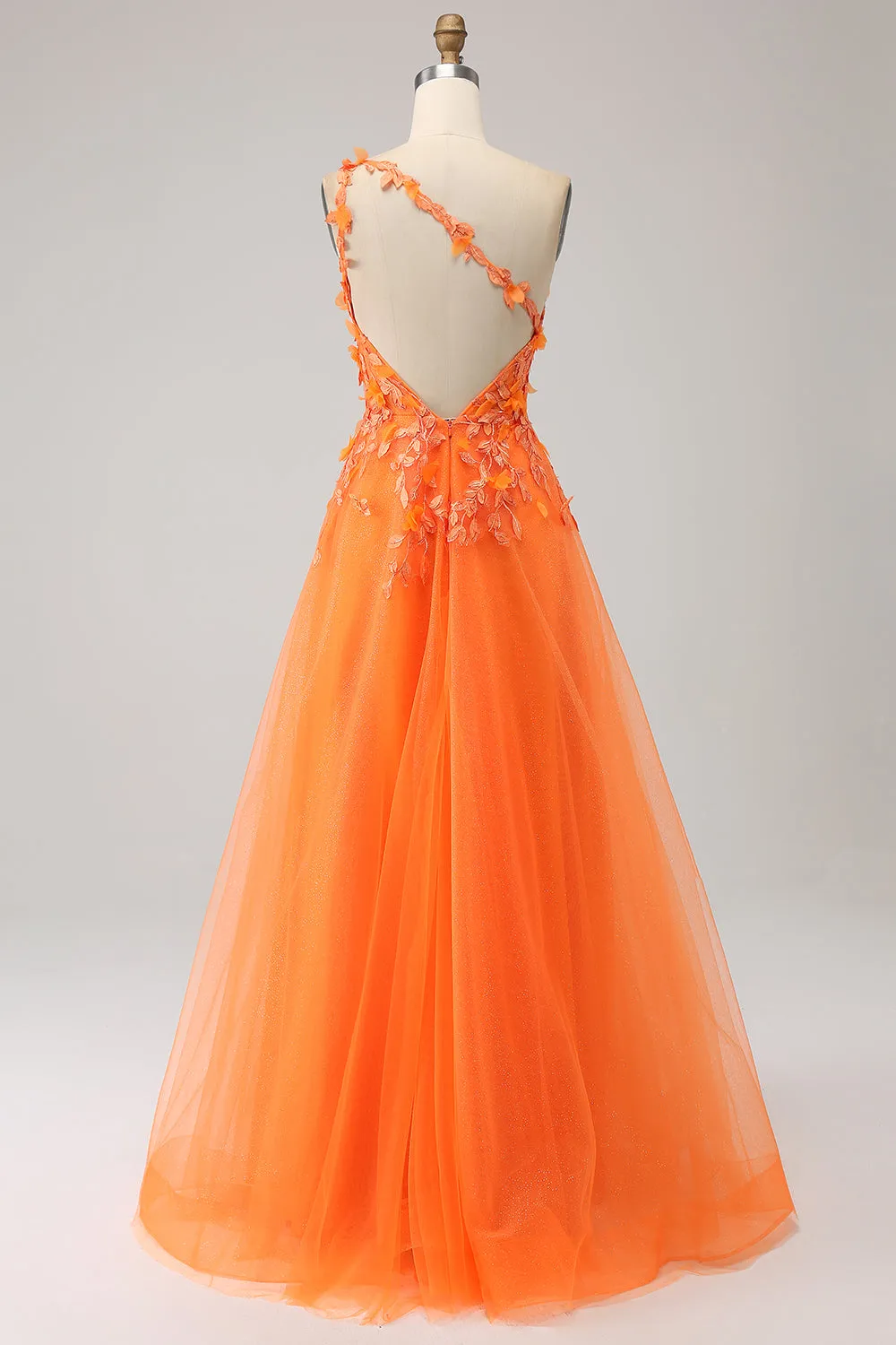 Orange One Shoulder A-Line Tulle Long Prom Dress with Appliques sold by Zapaka product image thumbnail 2