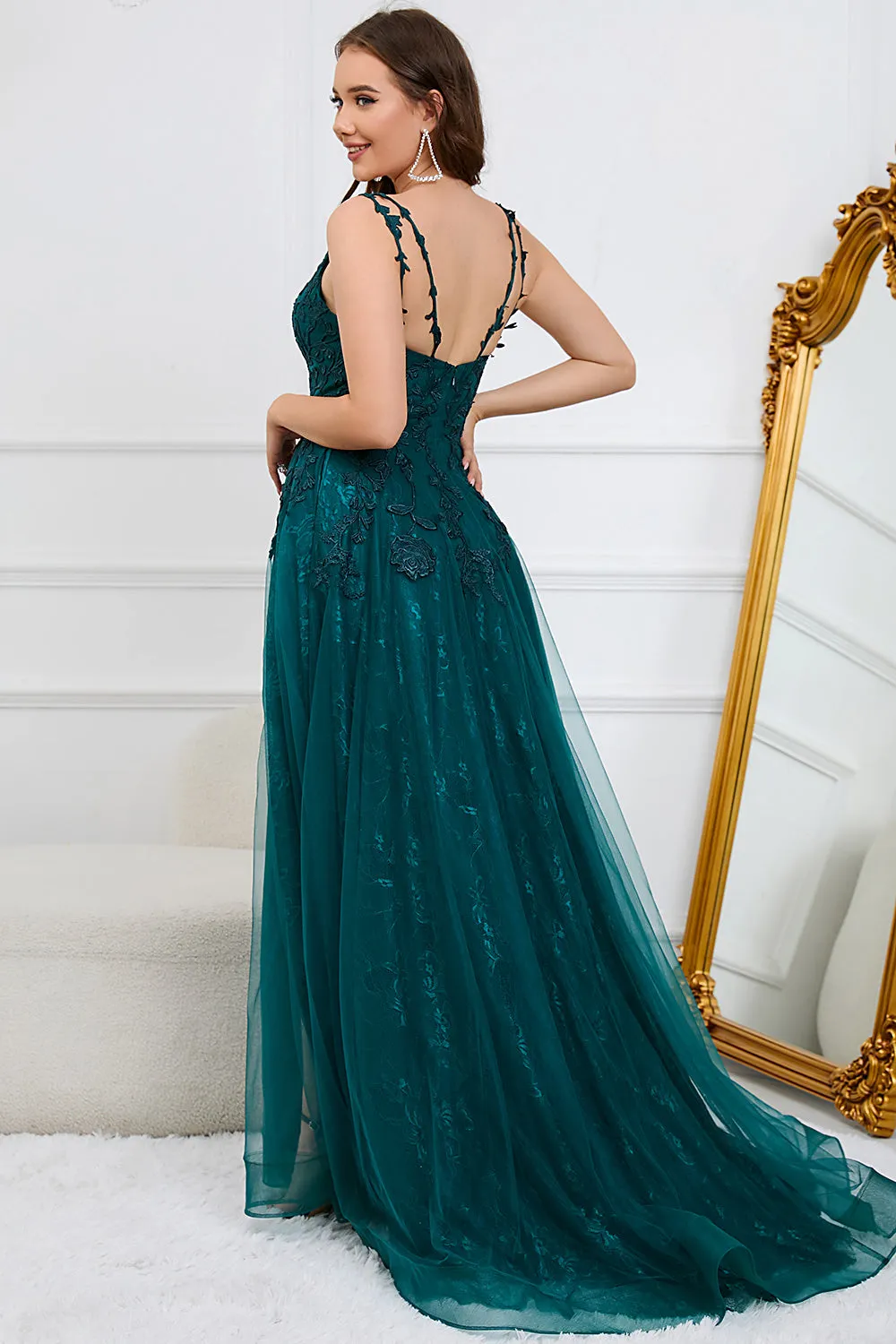 Dark Green A Line Spaghetti Straps Long Prom Dress with Appliques sold by Zapaka product image thumbnail 2