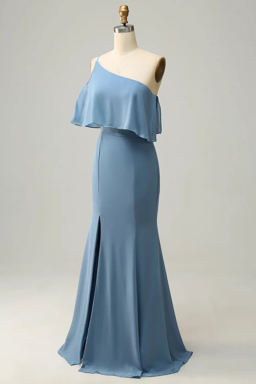Sheath One Shoulder Blue Plus Size Bridesmaid Dress with Silt sold by Zapaka product image thumbnail 3