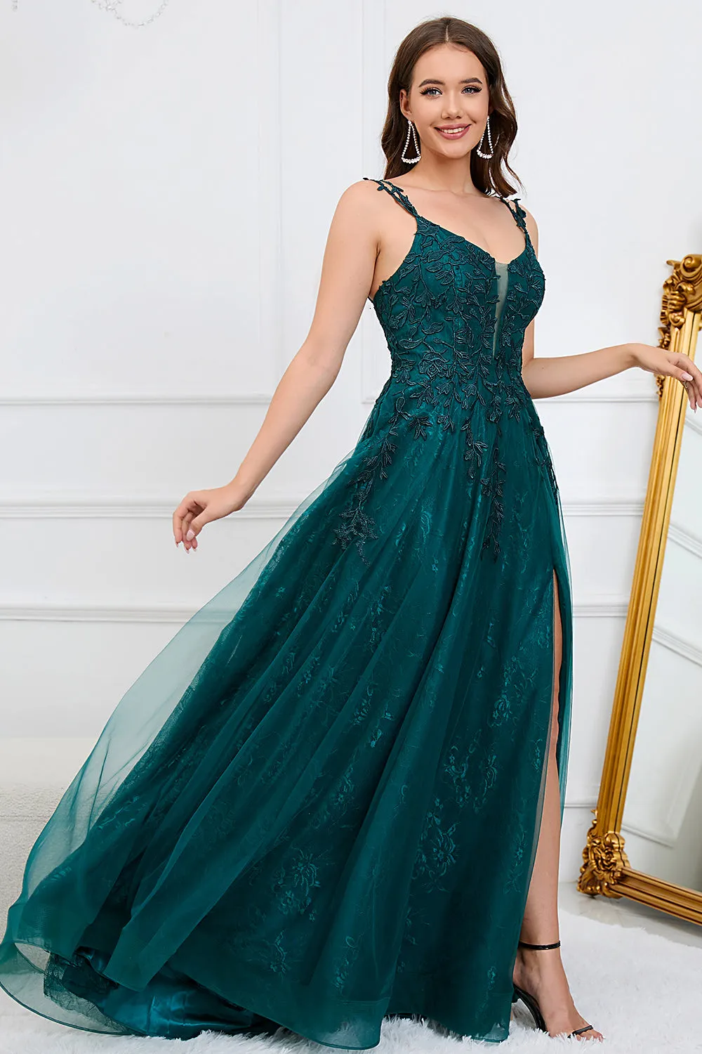 Dark Green A Line Spaghetti Straps Long Prom Dress with Appliques sold by Zapaka product image thumbnail 4