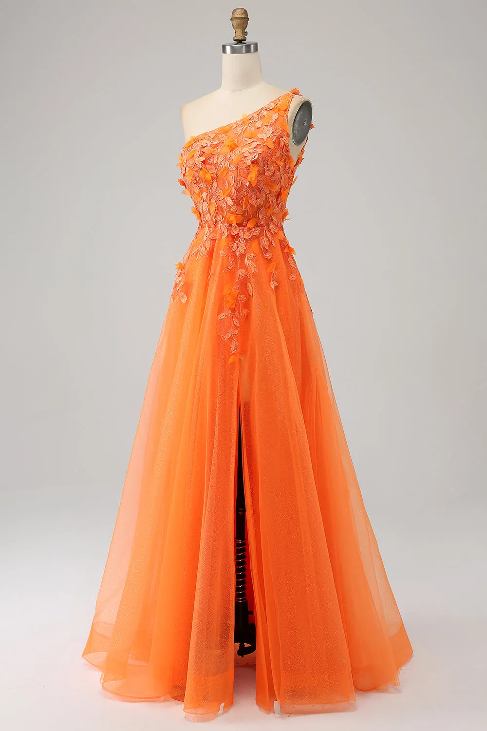 Orange One Shoulder A-Line Tulle Long Prom Dress with Appliques sold by Zapaka product image thumbnail 3