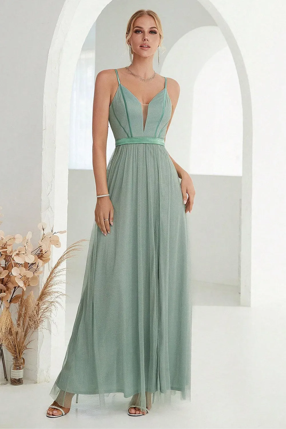 Grey Green A Line Spaghetti Straps Long Prom Dress with Slit sold by Zapaka product image thumbnail 5
