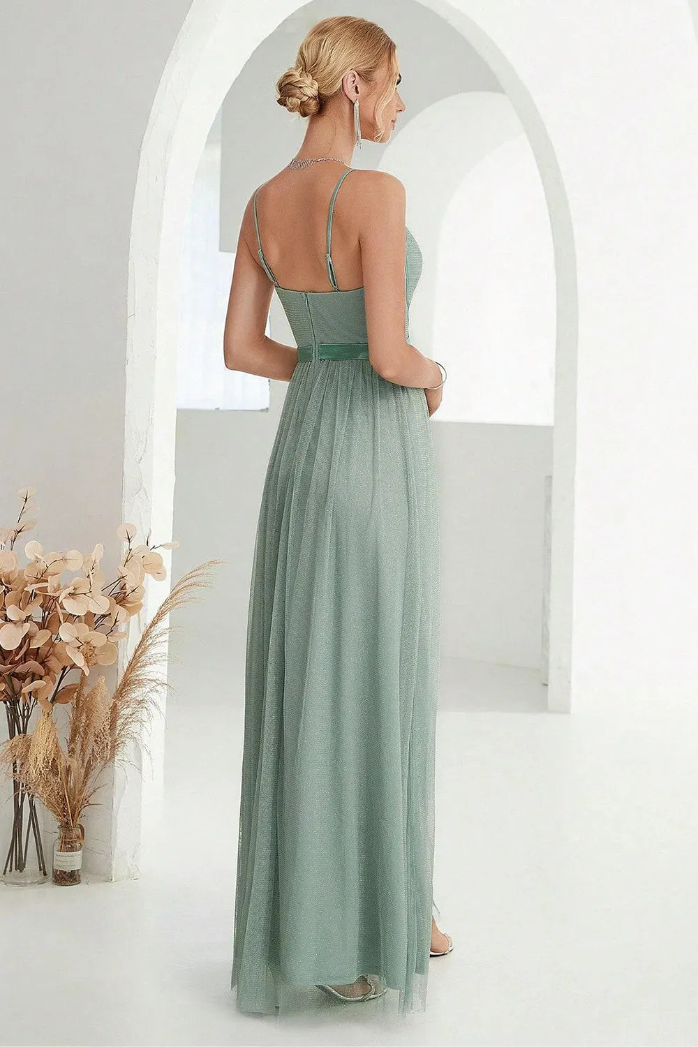 Grey Green A Line Spaghetti Straps Long Prom Dress with Slit sold by Zapaka product image thumbnail 2