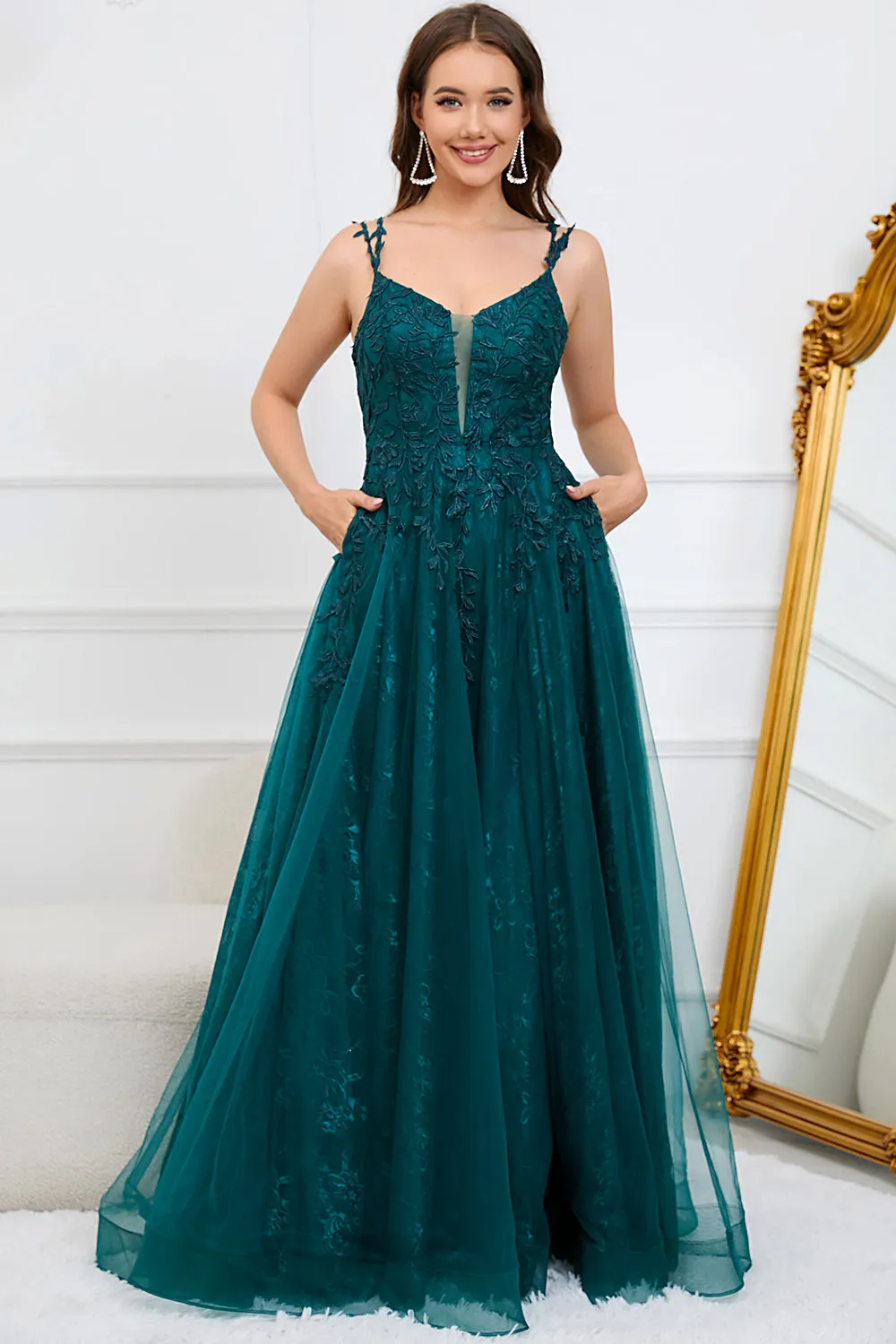 Dark Green A Line Spaghetti Straps Long Prom Dress with Appliques sold by Zapaka product image thumbnail 5