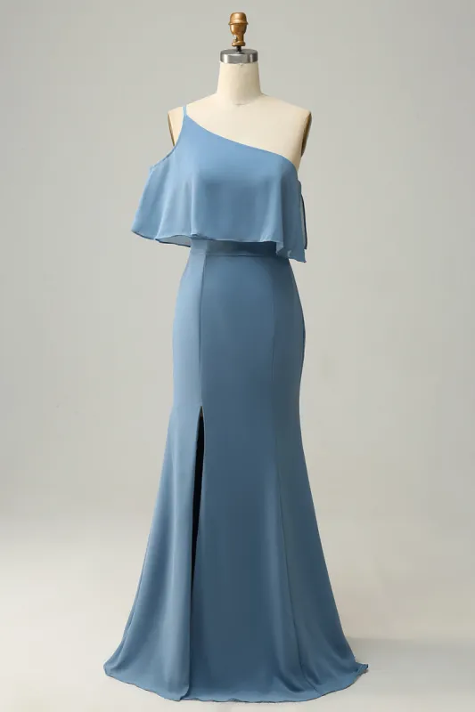Sheath One Shoulder Blue Plus Size Bridesmaid Dress with Silt sold by Zapaka