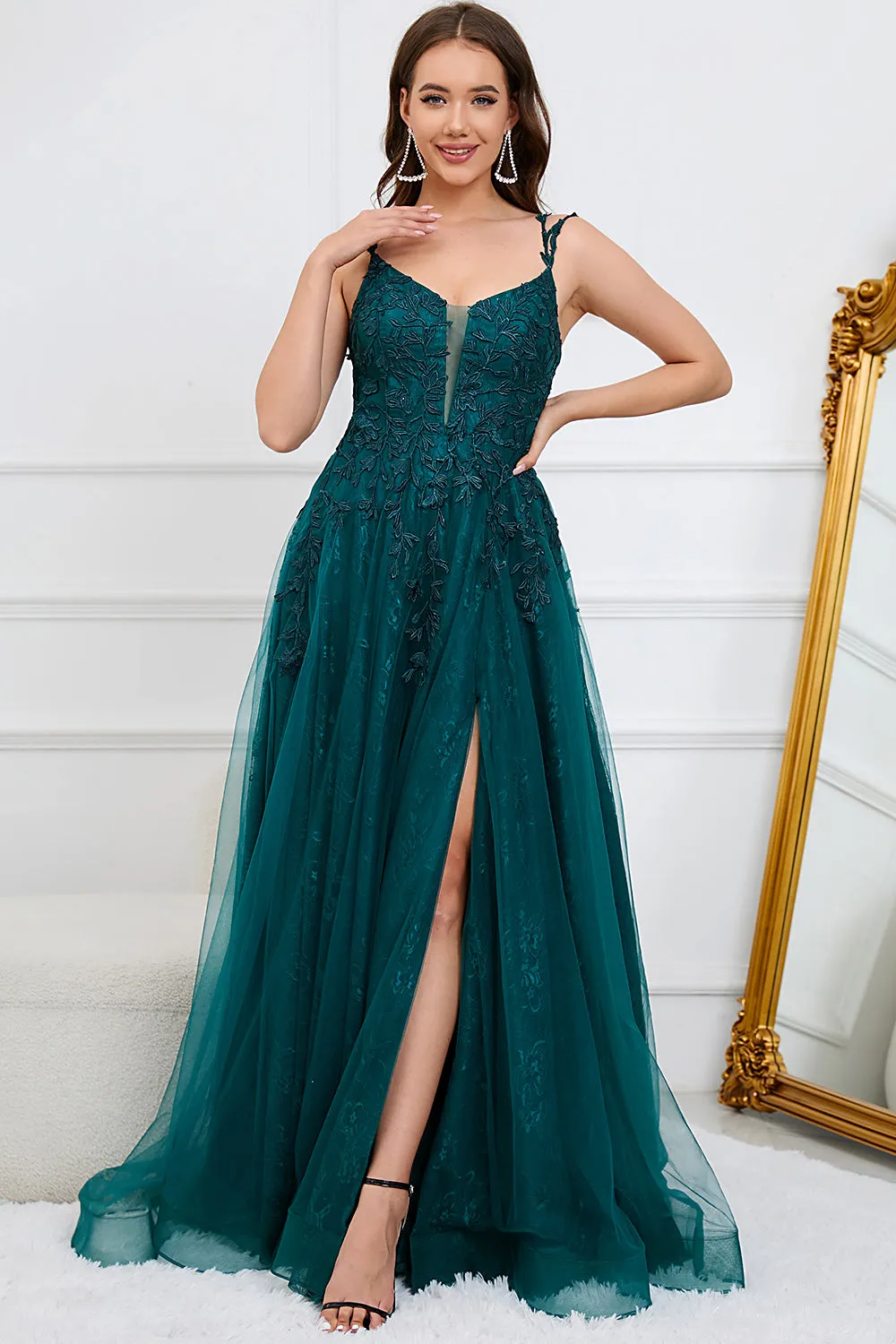 Dark Green A Line Spaghetti Straps Long Prom Dress with Appliques sold by Zapaka product image thumbnail 3