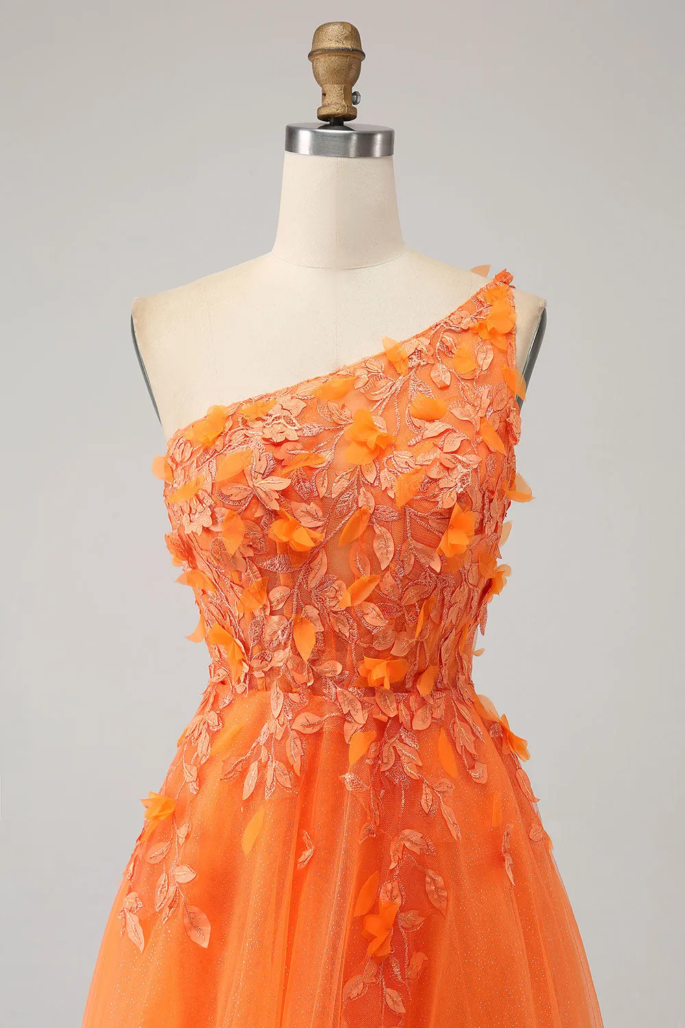 Orange One Shoulder A-Line Tulle Long Prom Dress with Appliques sold by Zapaka product image thumbnail 4