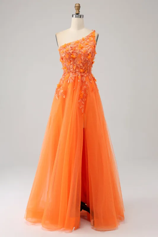 Orange One Shoulder A-Line Tulle Long Prom Dress with Appliques sold by Zapaka