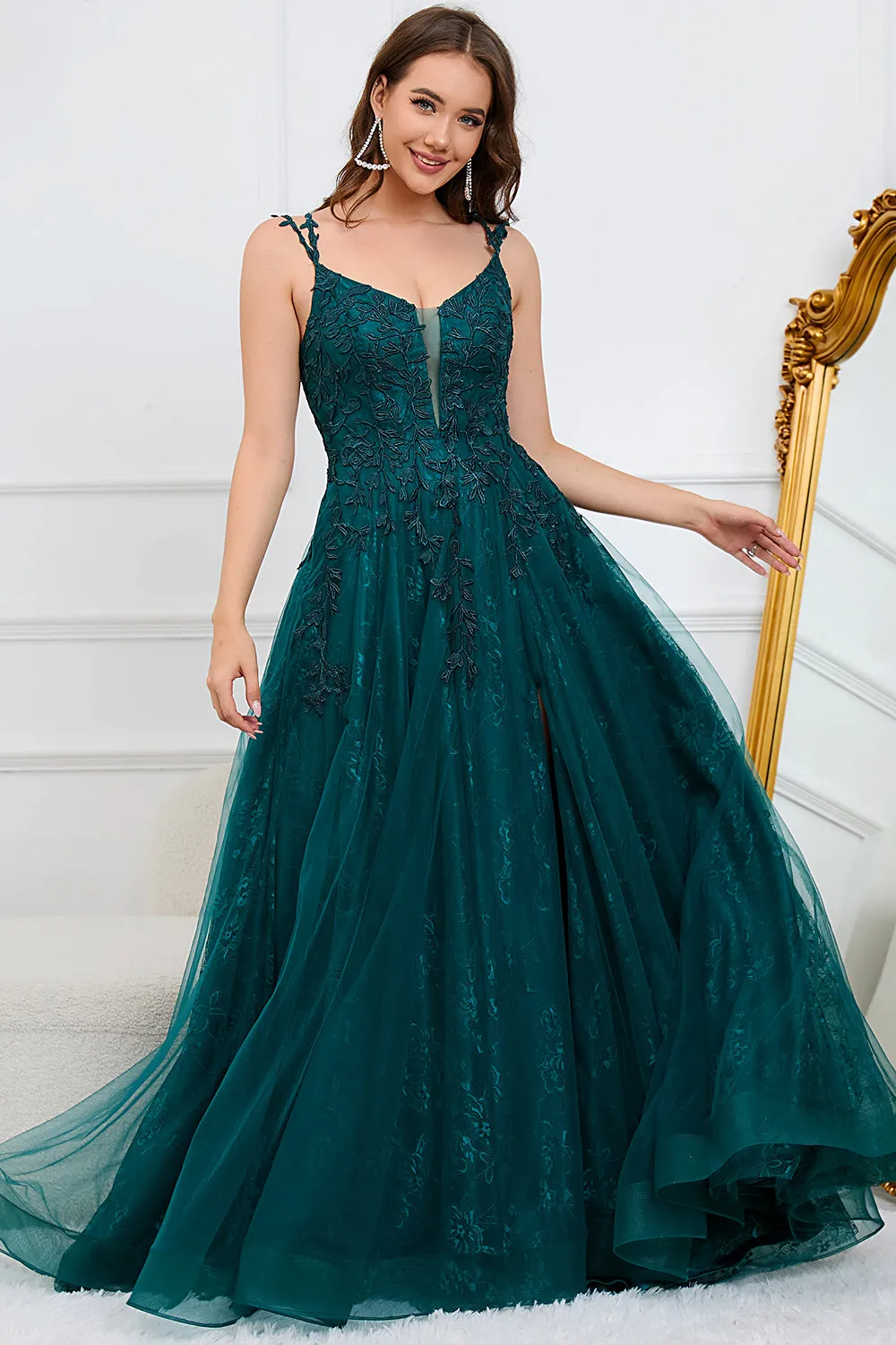 Dark Green A Line Spaghetti Straps Long Prom Dress with Appliques sold by Zapaka