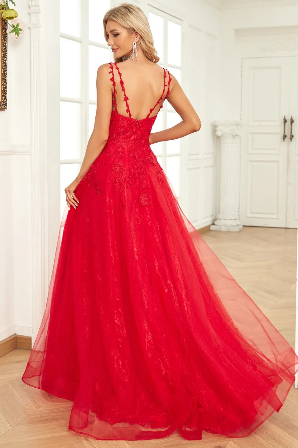 A Line Spaghetti Straps Red Long Prom Dress with Appliques sold by Zapaka product image thumbnail 2
