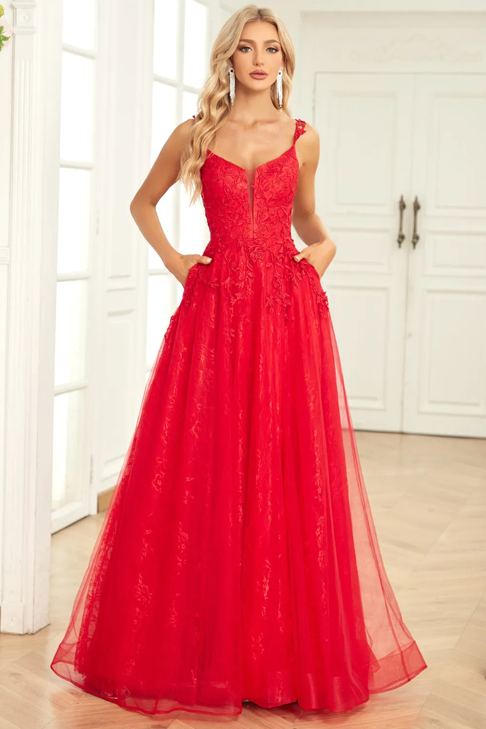 A Line Spaghetti Straps Red Long Prom Dress with Appliques sold by Zapaka product image thumbnail 5