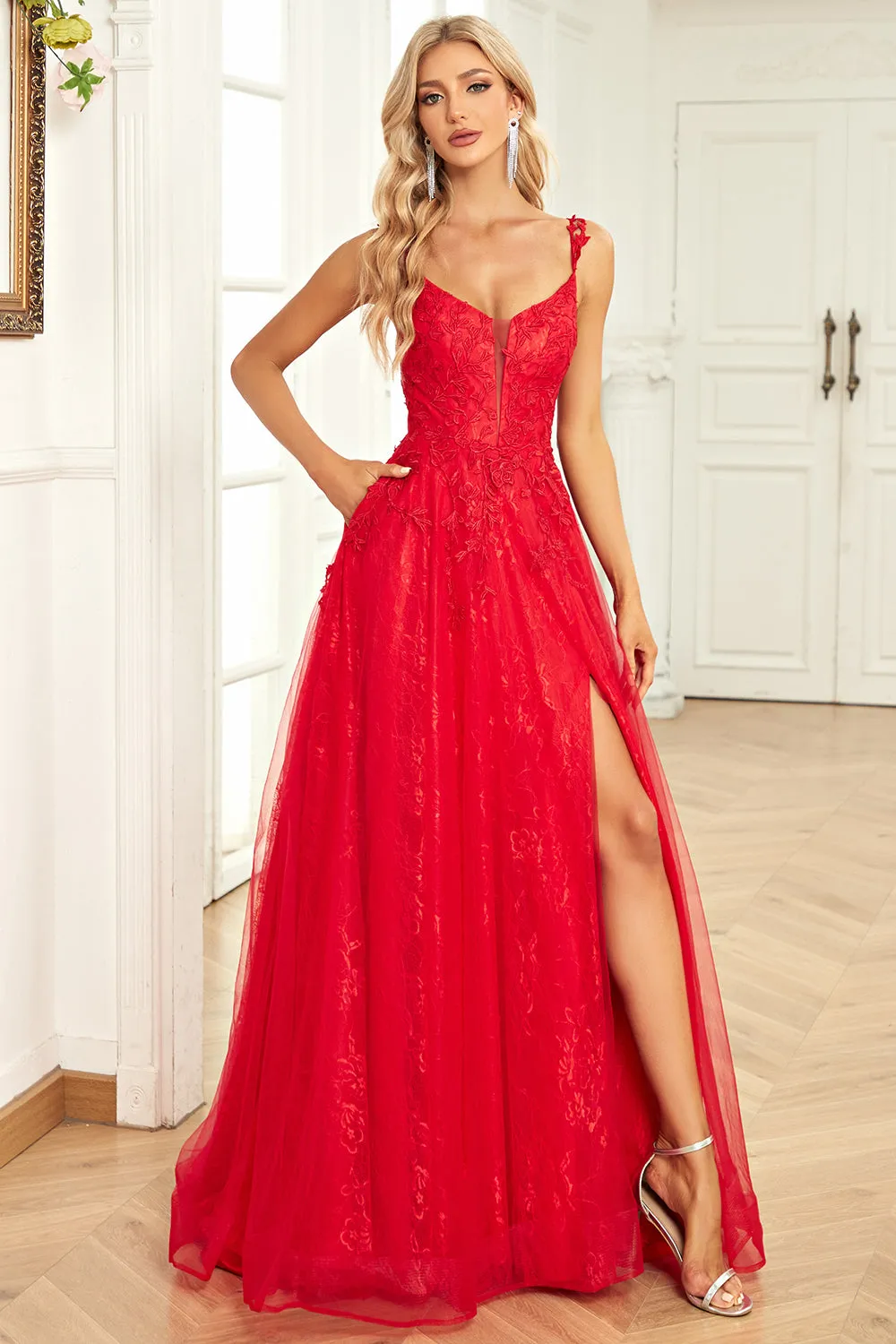 A Line Spaghetti Straps Red Long Prom Dress with Appliques sold by Zapaka