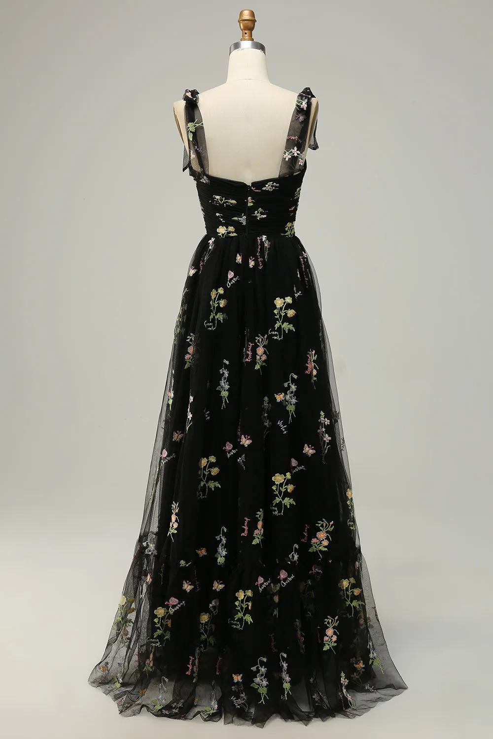 A Line Spaghetti Straps Tulle Black Long Prom Dress with Embroidery sold by Zapaka product image thumbnail 2