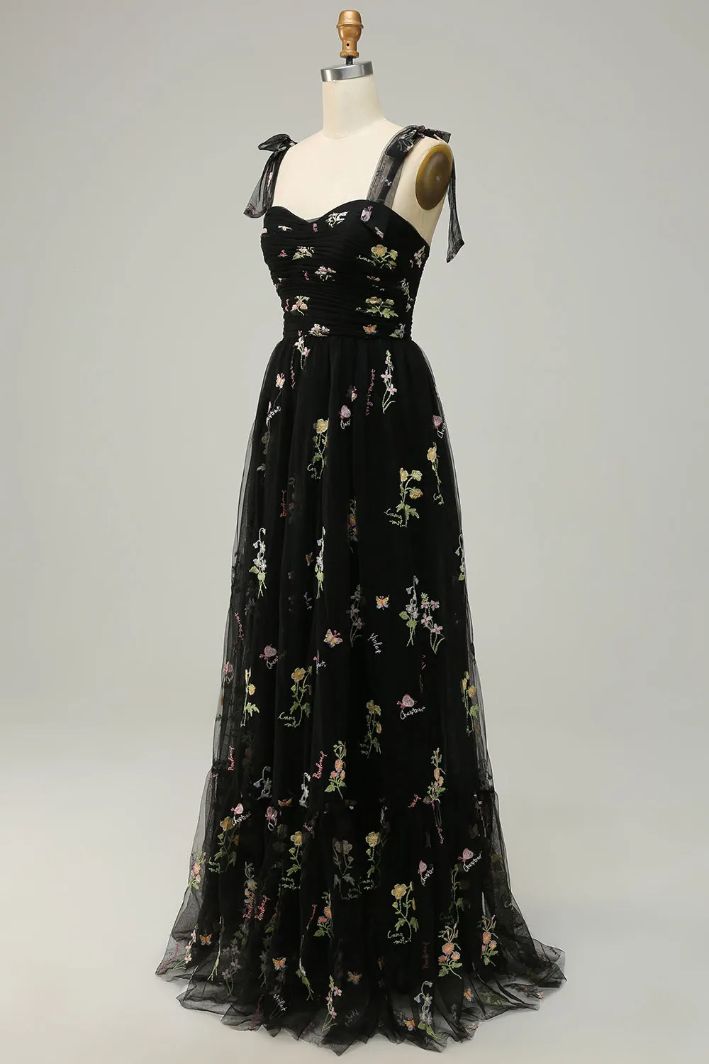 A Line Spaghetti Straps Tulle Black Long Prom Dress with Embroidery sold by Zapaka product image thumbnail 3