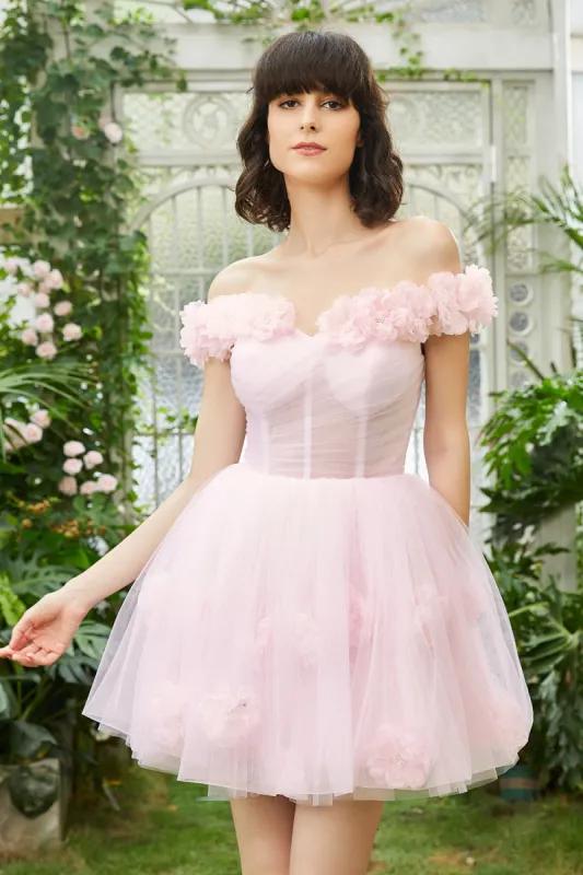 Pink Off the Shoulder Corset Homecoming Dress With Flowers sold by Zapaka