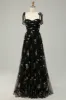 A Line Spaghetti Straps Black Long Prom Dress with Embroidery sold by Zapaka