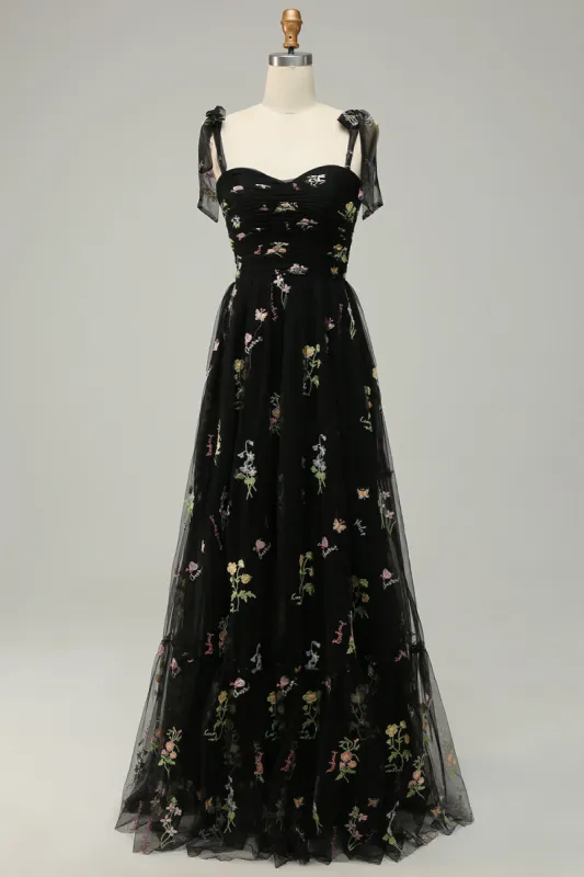 A Line Spaghetti Straps Black Long Prom Dress with Embroidery sold by Zapaka
