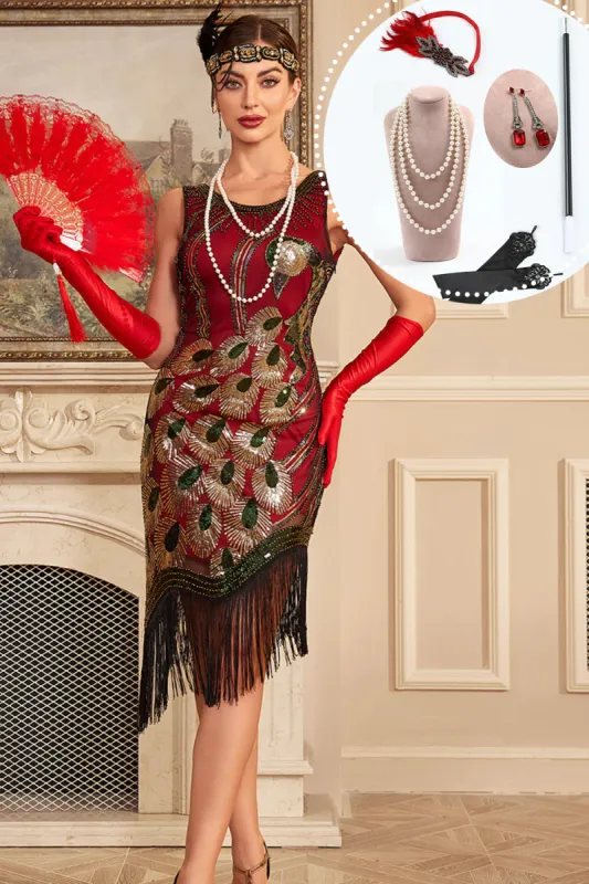 Sparkly Burgundy Sequins Fringe 1920s Flapper Dress with Accessories Set sold by Zapaka