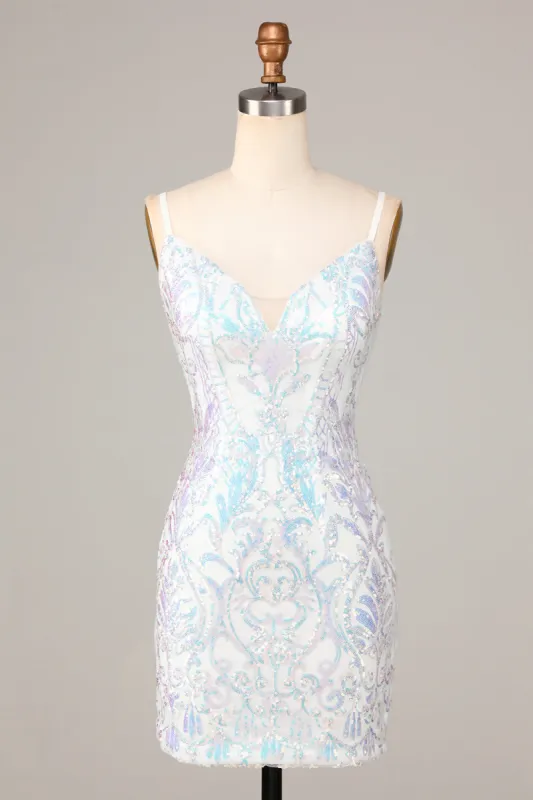 Exquisite Outlook Sheath Spaghetti Straps White Sequins Short Homecoming Dress sold by Zapaka